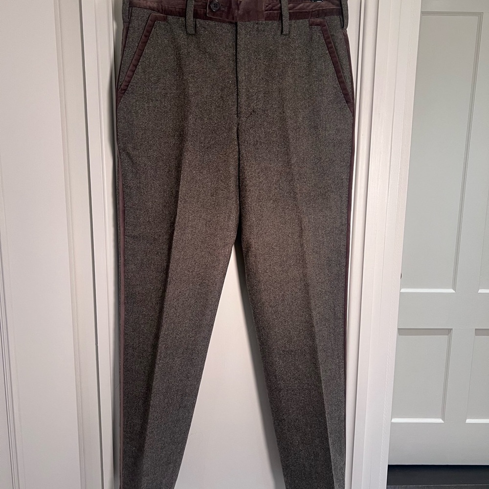 Paul Smith Men's Gray Wool Tweed Pants with Brown Velvet Trim